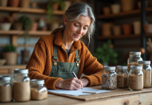 Conservation des graines : comment les garder intactes pendant des années ? Femme en automne étiquetant des pots de graines dans un atelier