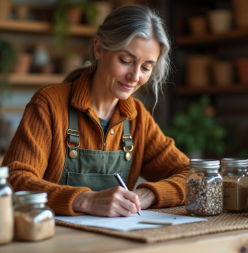 Conservation des graines : comment les garder intactes pendant des années ? Femme en automne étiquetant des pots de graines dans un atelier
