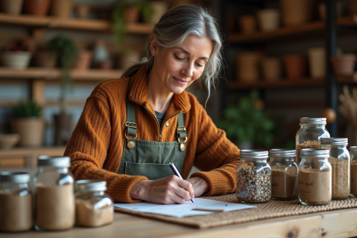 Femme en automne étiquetant des pots de graines dans un atelier