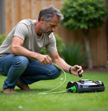 Câble périphérique robot tondeuse : comment bien le choisir ? Homme d'âge moyen ajustant un câble de robot tondeuse dans un jardin