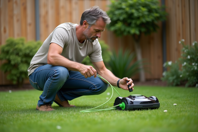homme-crouche-jardin-robot-mower Homme d'âge moyen ajustant un câble de robot tondeuse dans un jardin