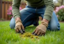 Période idéale pour enlever la mousse du gazon : astuces efficaces ! Homme en jardinage en train d'enlever la mousse du gazon