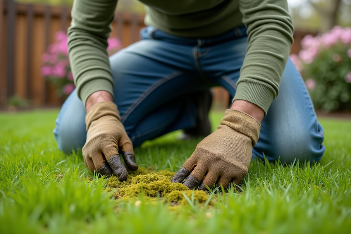 Homme en jardinage en train d'enlever la mousse du gazon