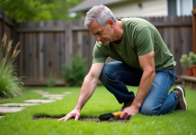 Conseils pour empêcher les mauvaises herbes : comment choisir le meilleur gazon Homme d'âge moyen inspectant une pelouse fraîche dans son jardin