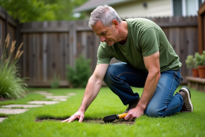 homme-jardinage-pelouse-verte Homme d'âge moyen inspectant une pelouse fraîche dans son jardin