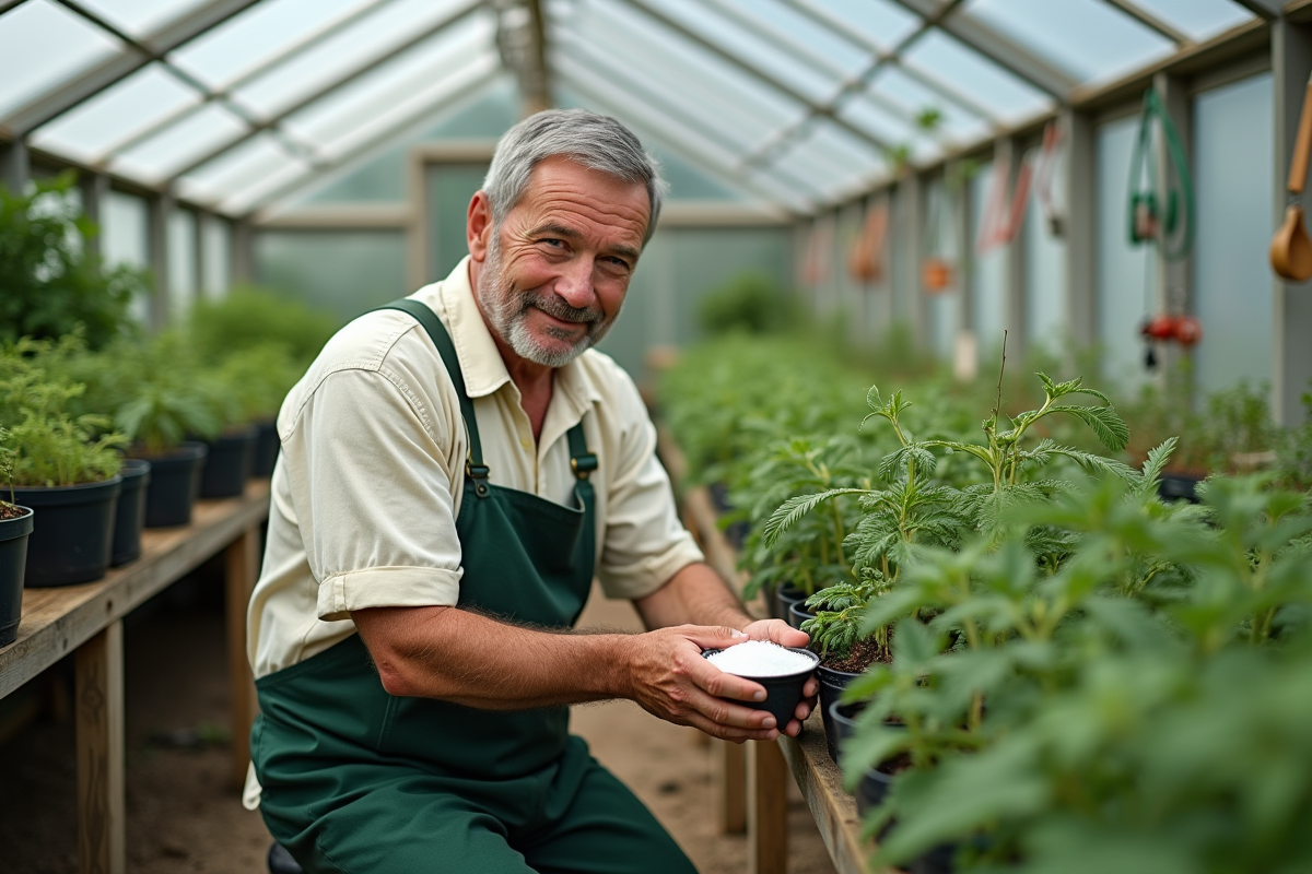 Homme âgé dans serre avec tomates et bicarbonate