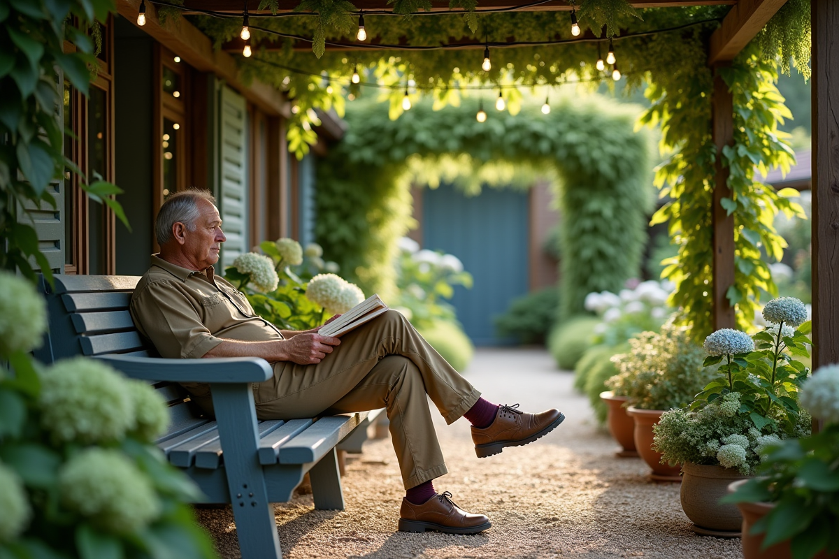 Homme âgé lisant dans un jardin ombragé