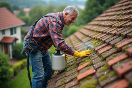 Homme en jeans et gants pulvérise antimousse sur le toit