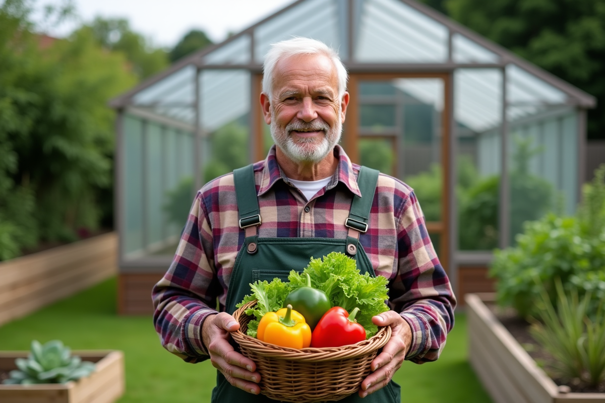 Homme avec panier de légumes dans un jardin avec serre moderne