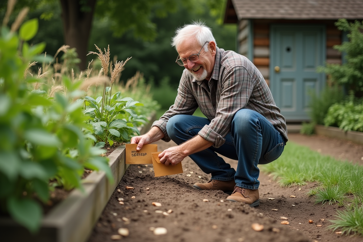 Homme âgé plaçant des graines dans des enveloppes dans le jardin