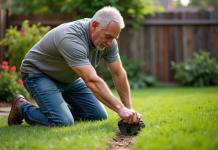 Homme d'âge moyen ajustant une tondeuse manuelle dans un jardin