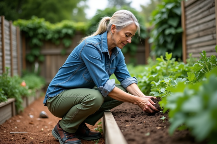 jardinage-potager-compost Femme en jardinage étalant du compost dans un jardin potager