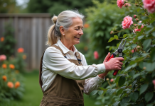 Tailler rosiers trop hauts : techniques et conseils pour une bonne taille Femme moyenne âge taillant un rosier dans son jardin