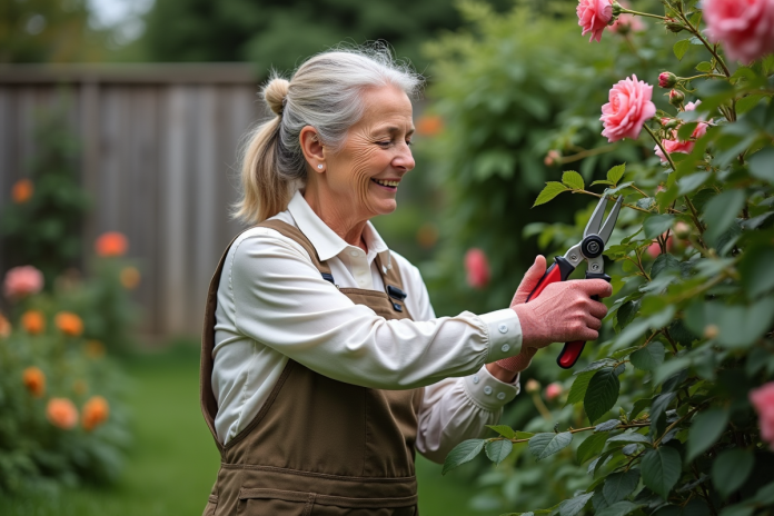 Femme moyenne âge taillant un rosier dans son jardin