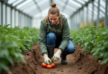Serres : efficacité et avantages pour votre culture en jardinage Femme en jardinage inspectant des tomates dans une serre