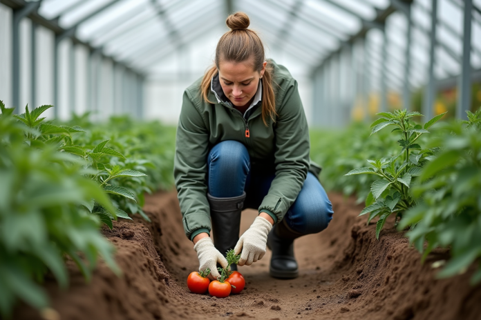 jardinage-serre-tomates Femme en jardinage inspectant des tomates dans une serre