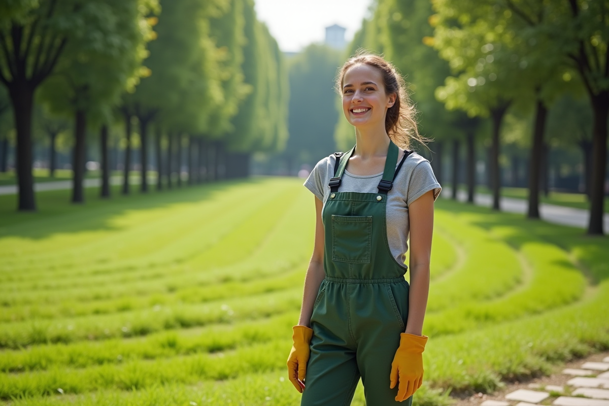 Jeune femme souriante surveillant sa pelouse fraîchement tondue