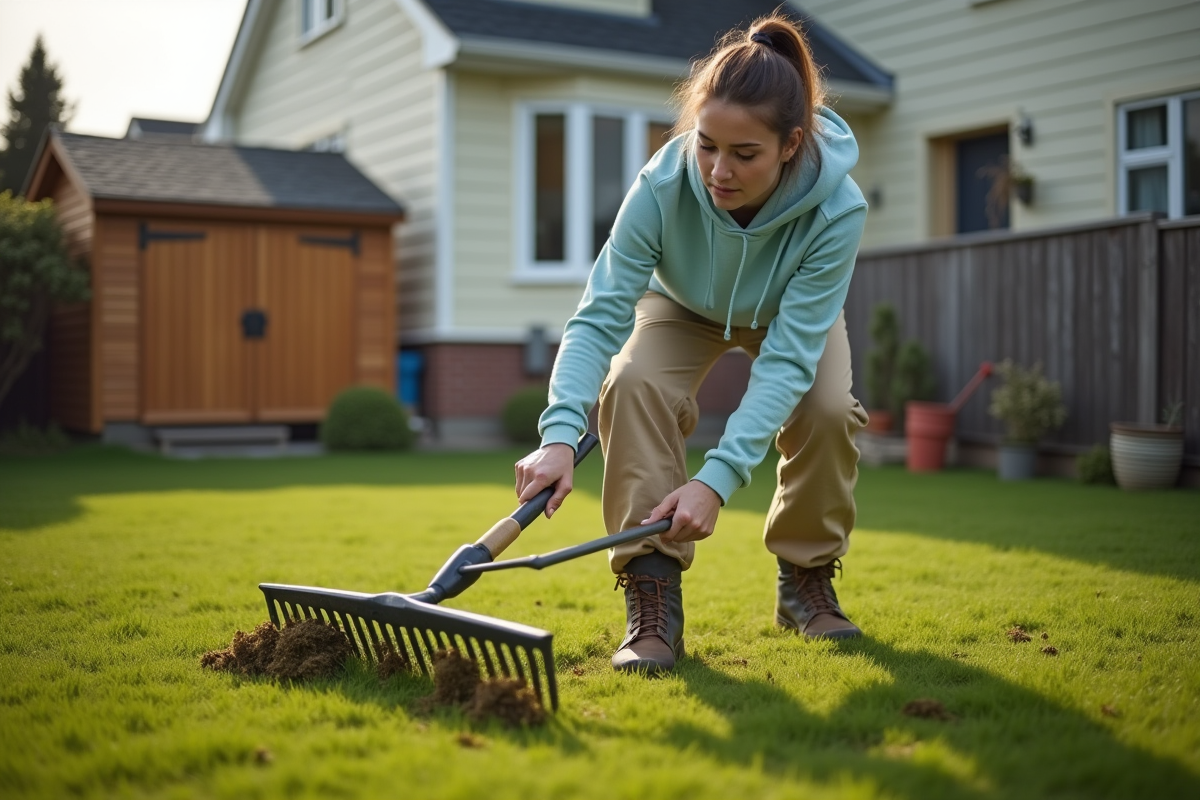 Jeune femme utilisant un râteau pour enlever la mousse
