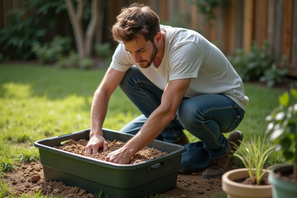 Jeune homme mélangeant du substrat dans un bac en extérieur