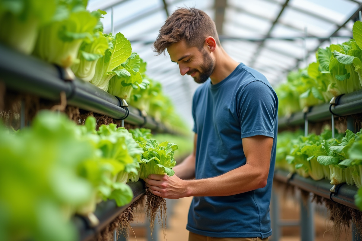 Jeune homme inspectant des laitues en hydroponie dans une serre lumineuse