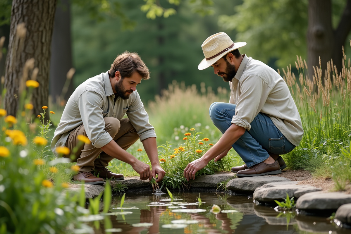Jeune homme plantant des fleurs sauvages au bord d