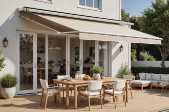 Store banne déployé sur une terrasse ensoleillée avec des chaises et une table