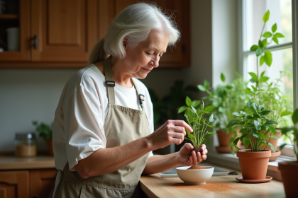 Femme en jardinage intérieur avec plante et cannelle