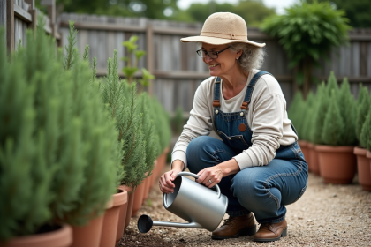 Femme arrosant un buisson de romarin dans le jardin