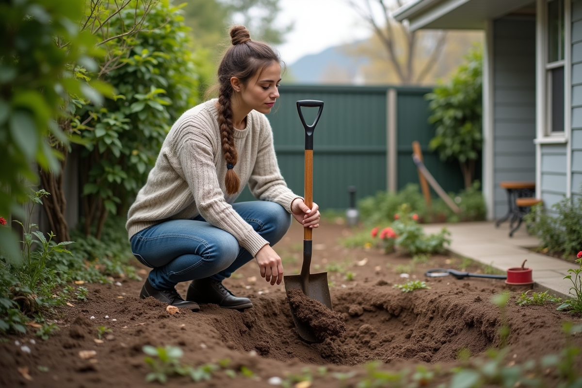 Jeune femme examinant le sol après avoir enlevé des thuyas