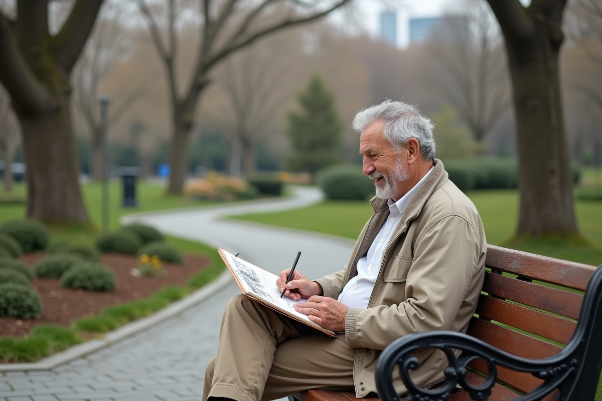 Homme âgé dessinant dans un parc paisible