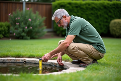 Homme mesurant la largeur d'un bassin de jardin dans un jardin suburbain