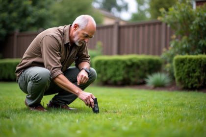 Homme d'âge moyen inspectant le sol dans son jardin