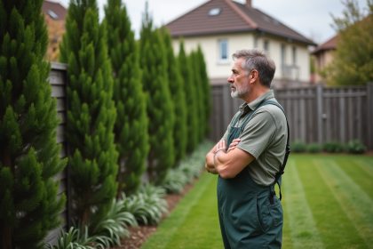 Homme en vêtements de jardinage regardant les thuyas dans son jardin