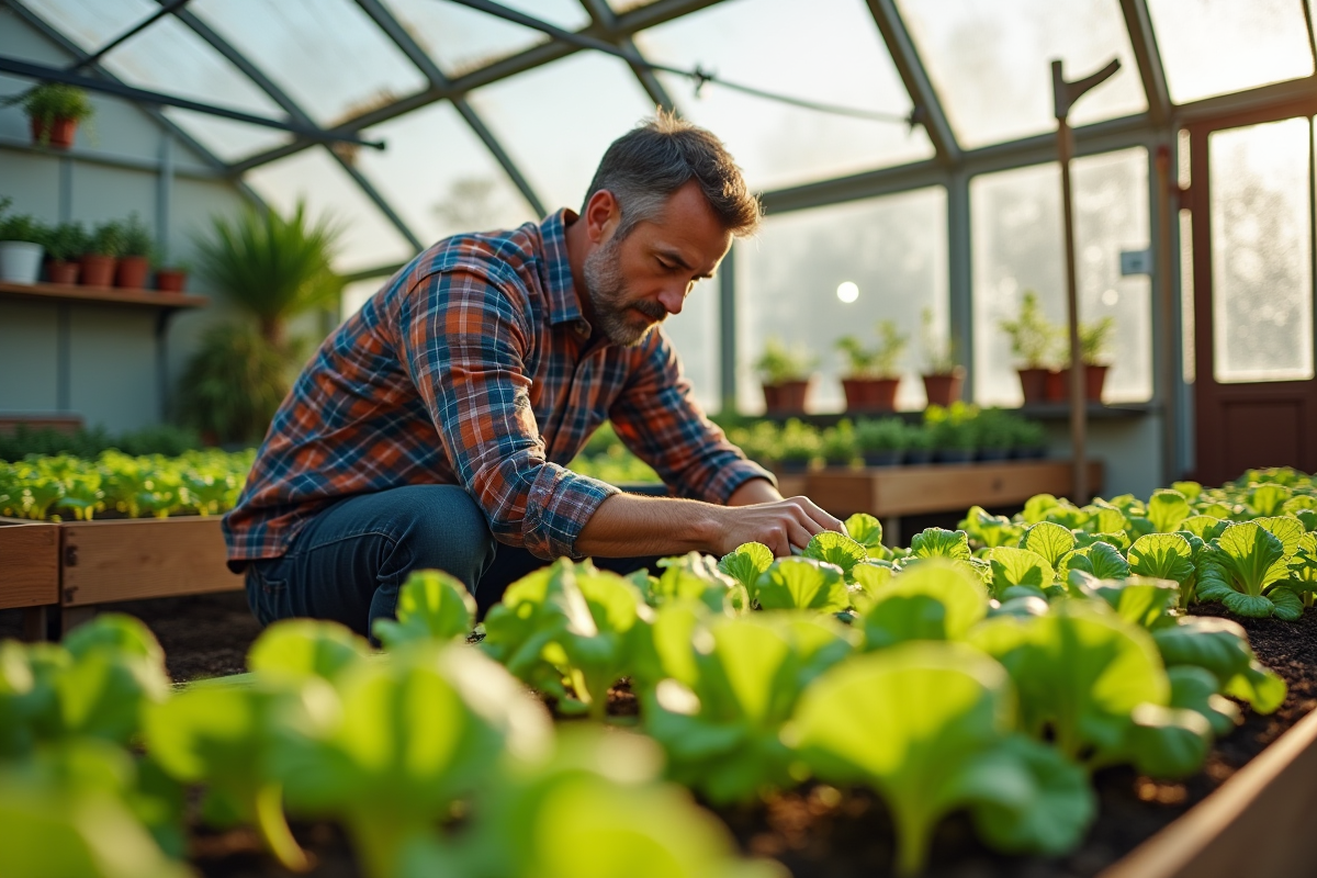 Homme dans une serre examinant des jeunes légumes