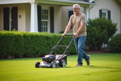Homme d'âge moyen tondant la pelouse dans un jardin résidentiel
