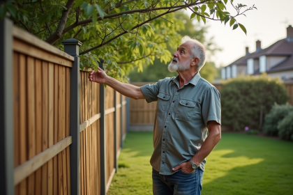 Homme d'âge moyen examine une branche du voisin dans son jardin