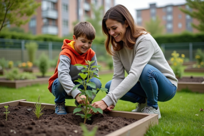 Femme et enfant plantant un arbuste dans un jardin communautaire