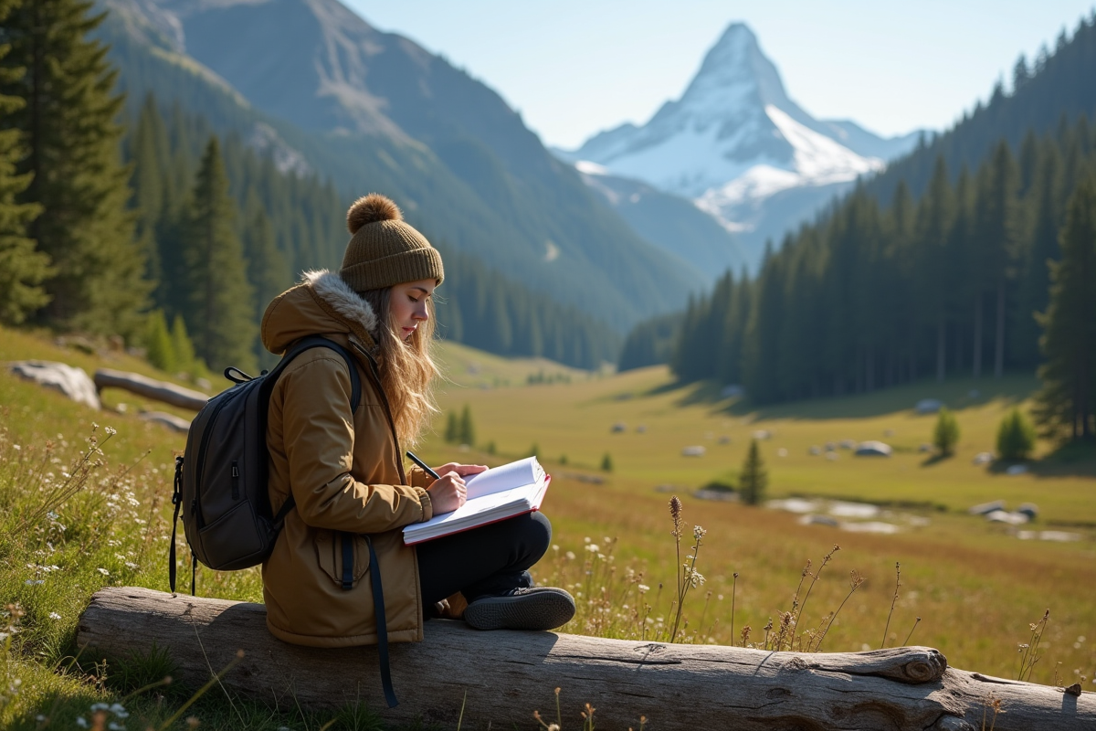 Jeune femme dessinant en pleine nature avec montagne en arrière-plan