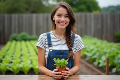Jeune femme en overalls tenant un pot de radis en jardin