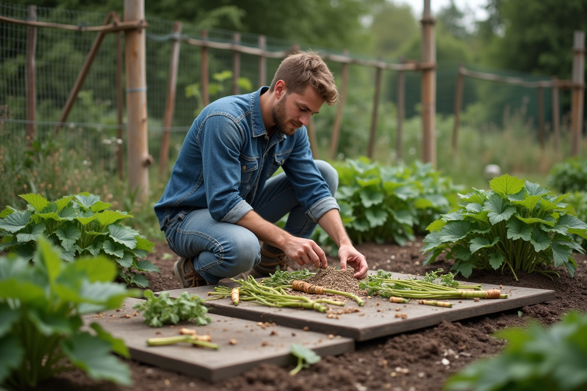 Jeune homme en extérieur avec plantes et outils de jardin