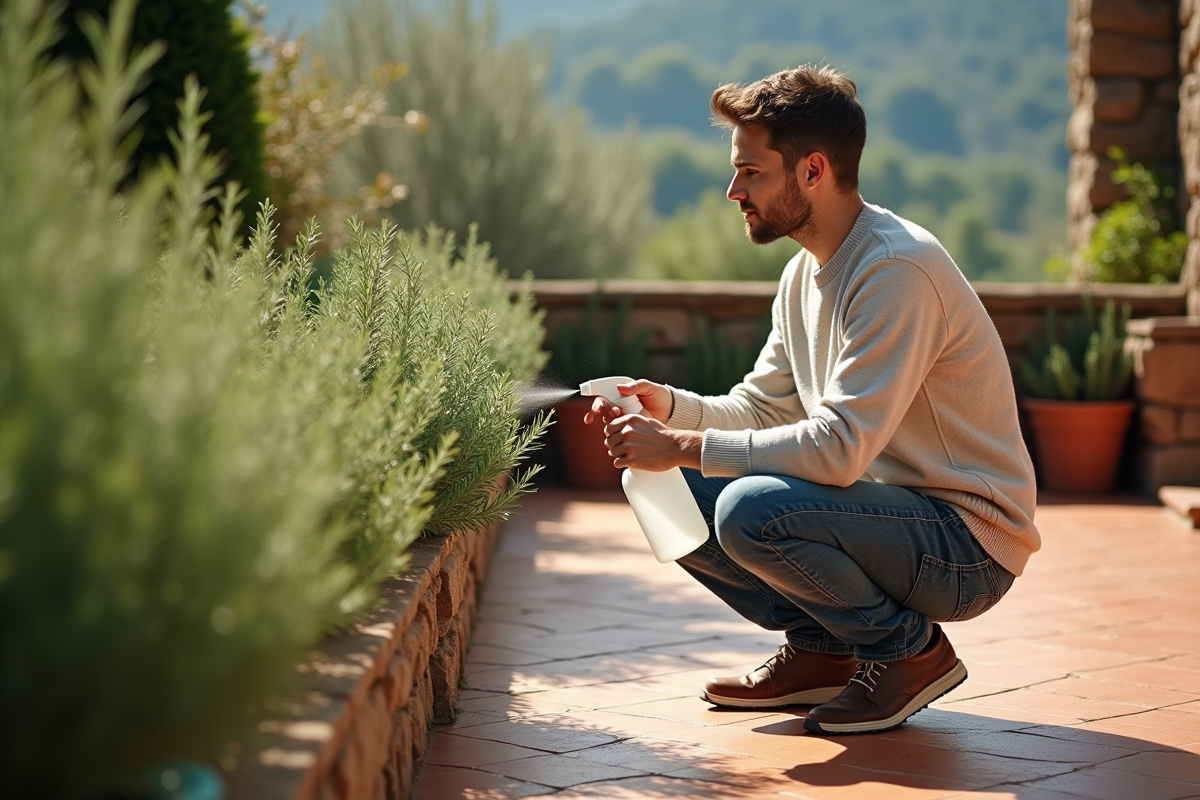 Jeune homme vaporisant un plant de romarin sur la terrasse