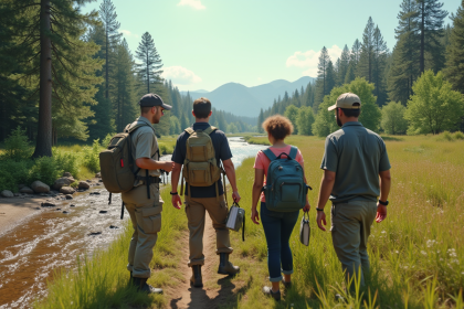 Groupe de scientifiques devant divers ecosystems naturels