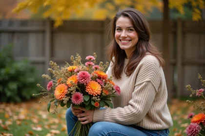 Femme souriante en automne cueillant des fleurs dans un jardin