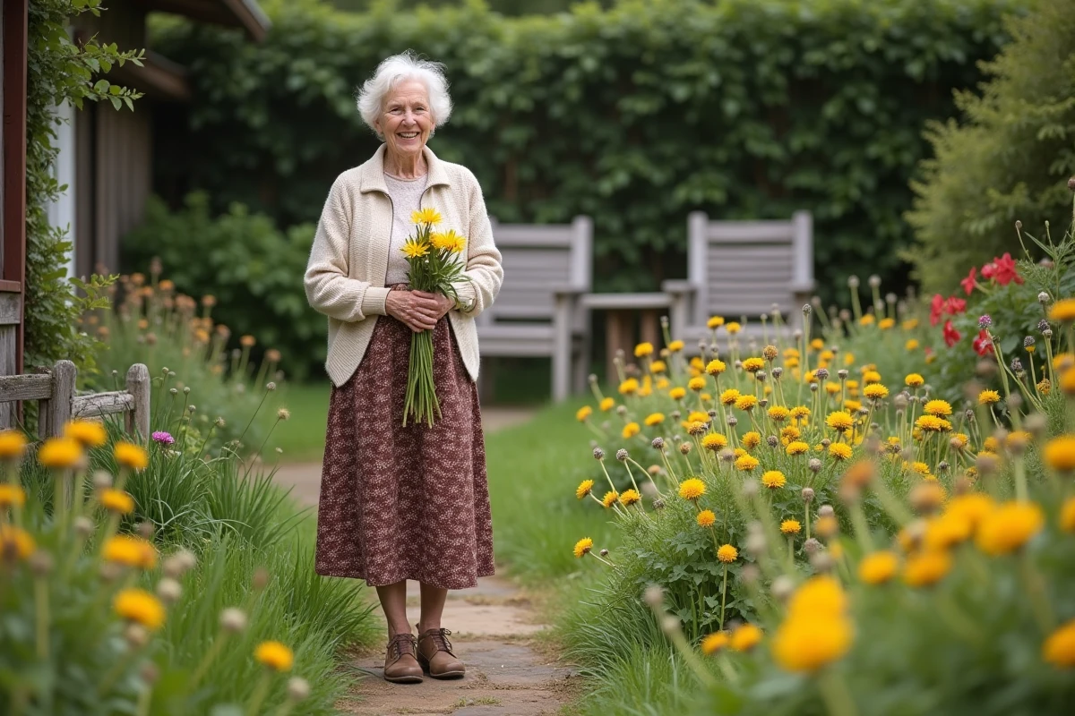 Femme âgée souriante avec bouquet dans un jardin fleuri