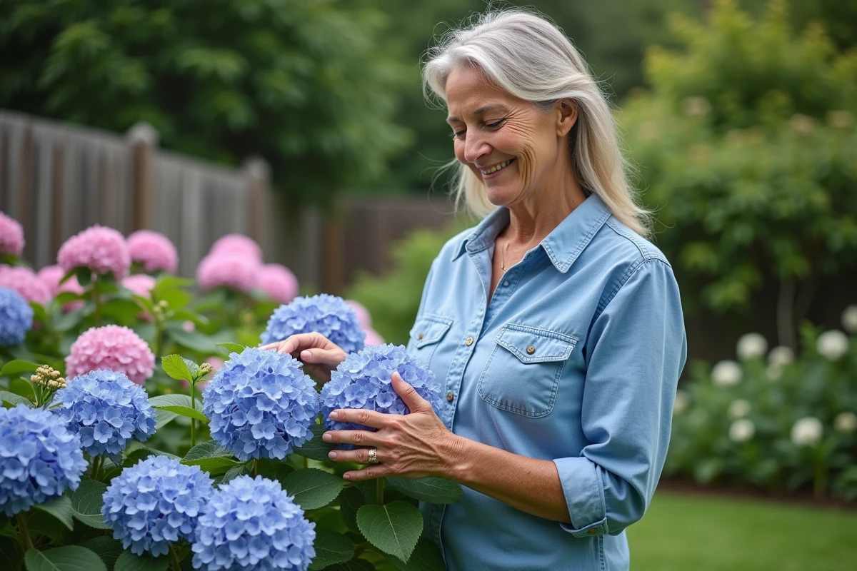 Femme d'âge moyen examine des hortensias bleus et roses dans son jardin