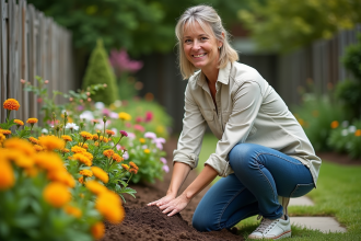 Femme en jeans et chemise en lin plantant des fleurs dans le jardin