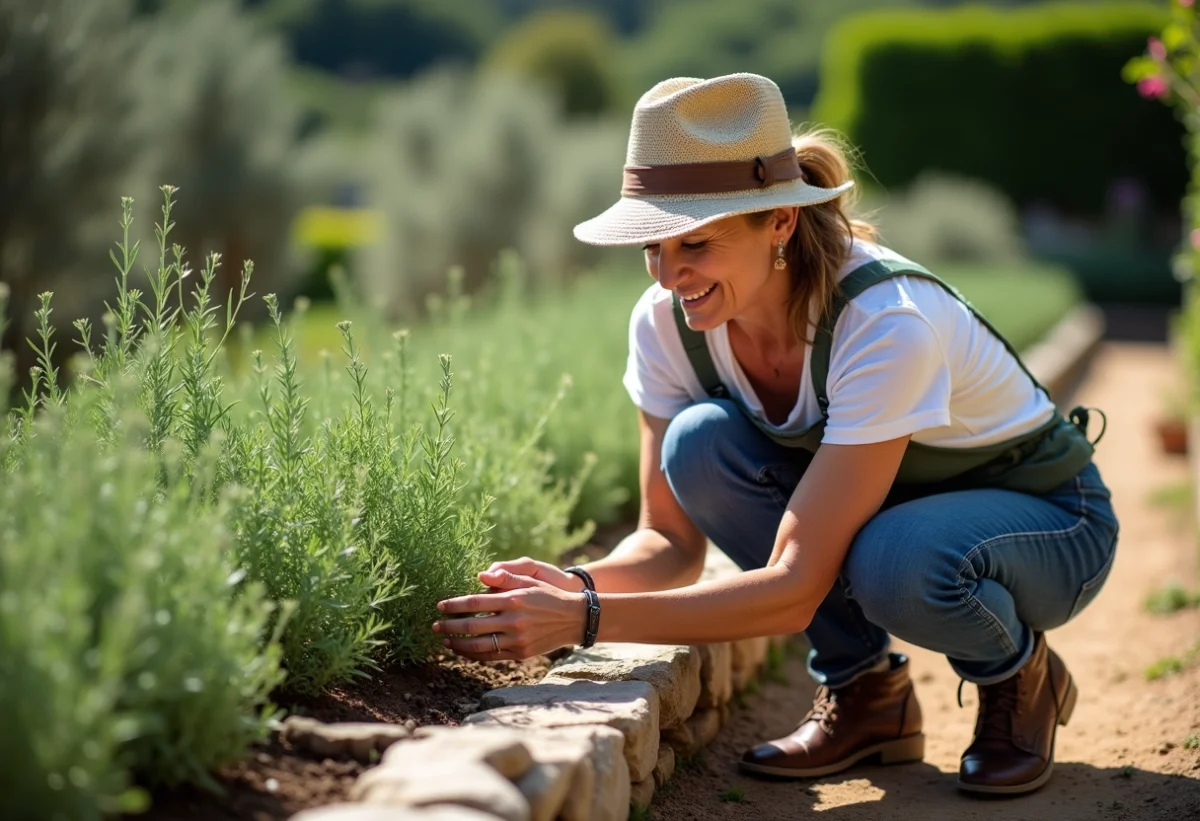 Femme en jardinage cultivant du thym en extérieur