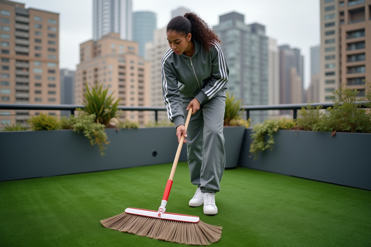 Jeune femme nettoyant le gazon synthétique sur un toit urbain