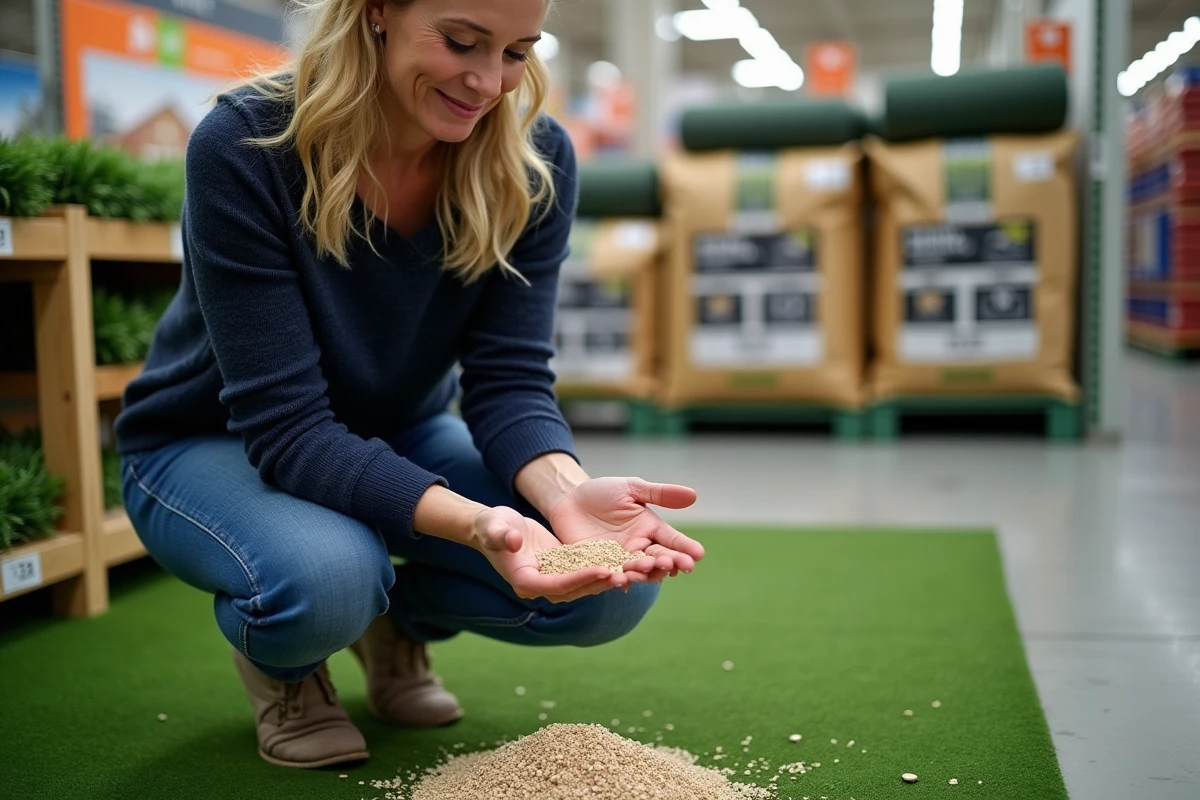 Femme comparant sable et gravier pour gazon synthétique