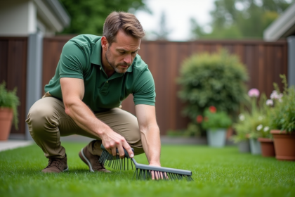 Homme d'âge moyen brossant des fibres synthétiques dans un jardin